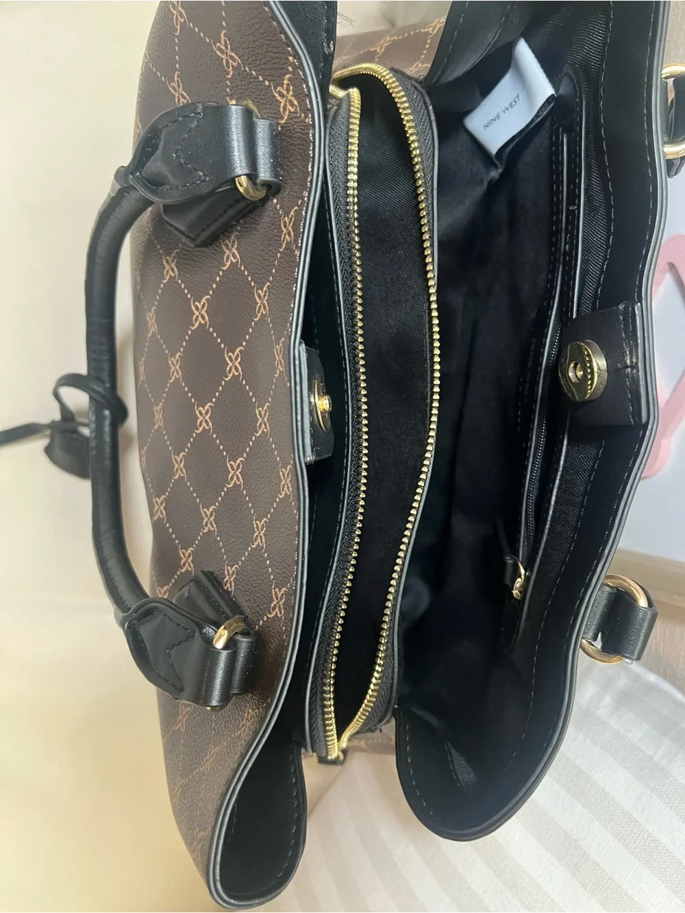 Nine West Brown Patterned Satchel with Black Trim and Gold Hardware